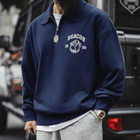 Vintage Embroidered Half-Zip Sweatshirt – Casual Spring Hoodie with Collar